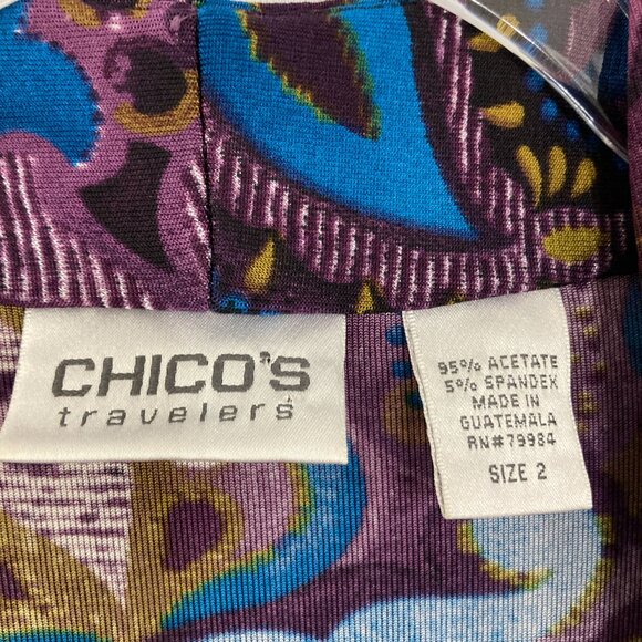 Chico's Travelers size Large/2 Purple Blue Floral Artsy Slinky Knit Open Jacket - Picture 2 of 10